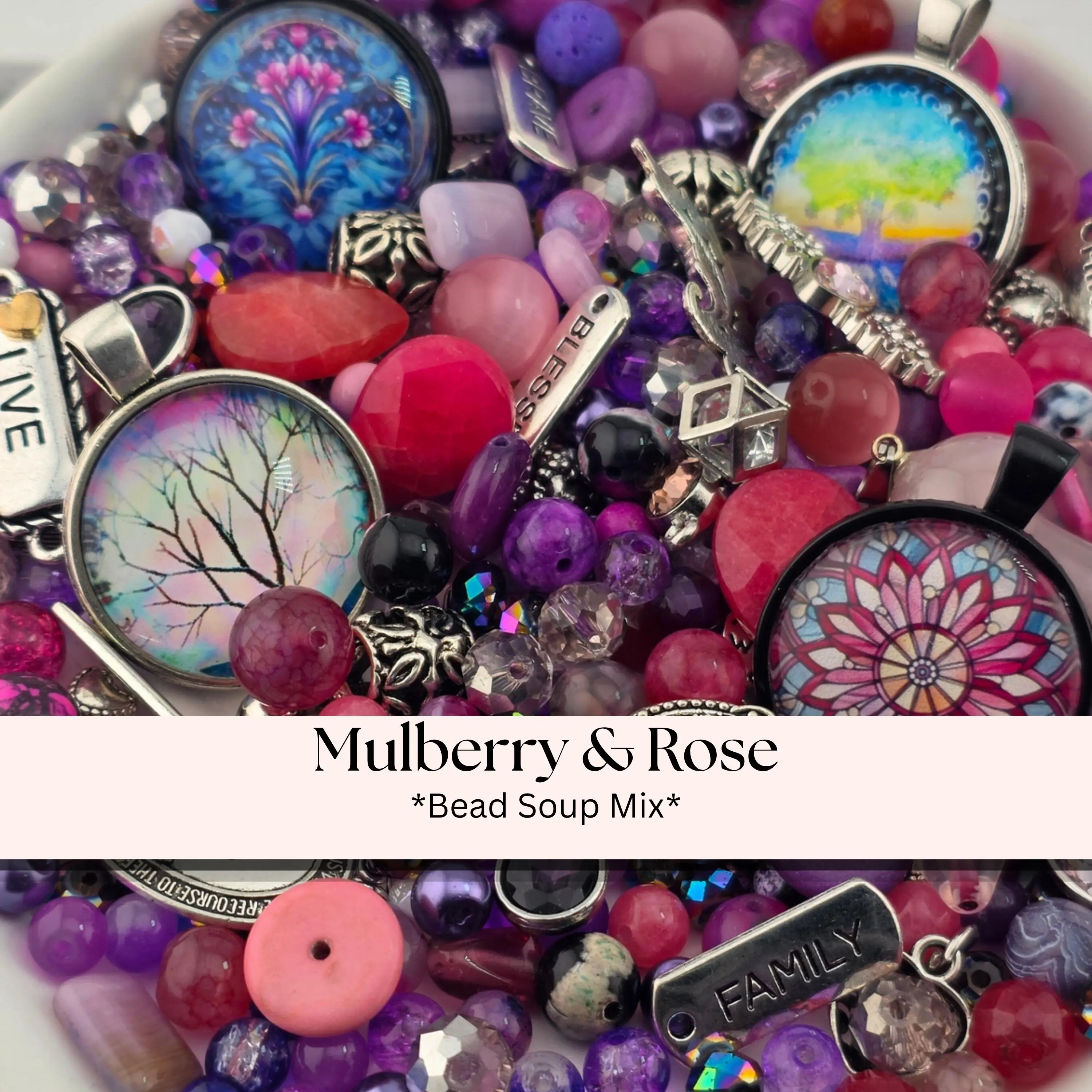 Mulberry and Rose Bead Soup Mix | Mulberry, Rose and Black Glass Beads | LOVE Charm and Crystal Heart Pendants | DIY Jewelry Making