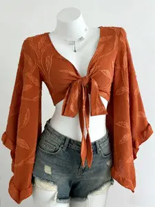 Women's Bohemian Flare Sleeve Tie Front Short Crop Blouse, Orange Leaf Textured V-Neck Top For Summer Casual & Party Outfits