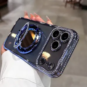 NganGee Women's Phone Case with Mirror & Stand for iPhone 17, 16, 15, 14, 13, 12, 11, X, XS, AIR, PRO, PLUS, MAX, AIR, Features Shiny Frame, High-Definition Transparent Material, Full-Body Drop-Resistant Design, Camera Protection #YJZSDDK+JZZJ