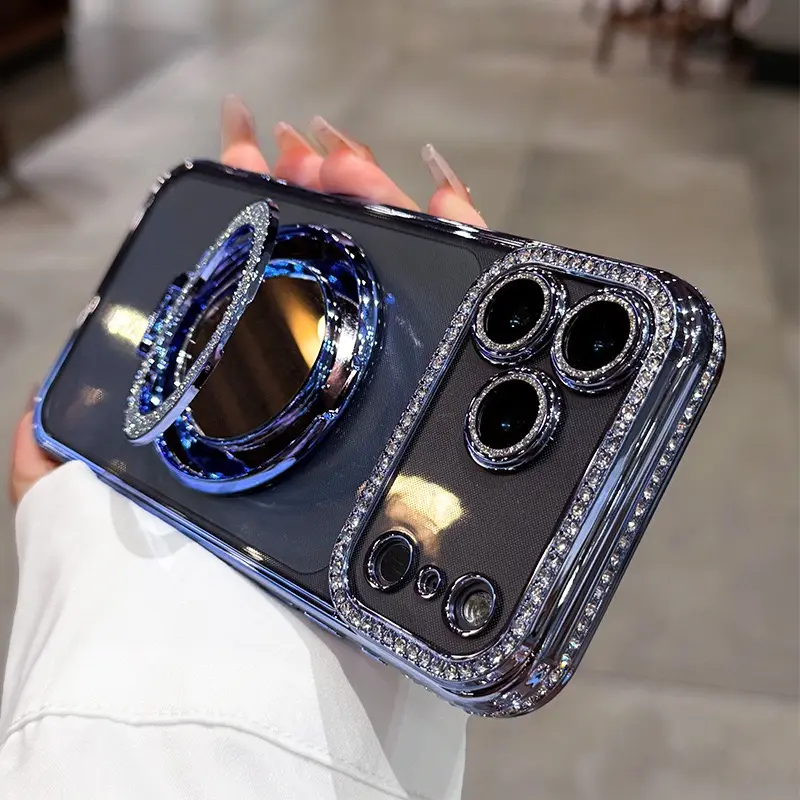 NganGee Women's Smartphone Case with Mirror & Stand for iPhone 17,16,15,14,13,12,11,X,XS,Pro,Plus,Max,Air - Shiny Frame, Transparent HD Material, Full-Body Drop Protection, Lightweight Carry, Fashion Accessory for Women Users