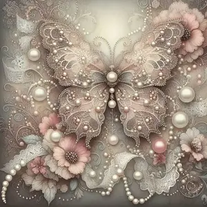 Pearl Butterfly Lace Flower 5D Full Drill Diamond Painting Kit Elegant Design with Shimmering Pearl and Floral Accents Romantic Vintage Art Style DIY Art for Home Wall Decor Ideal Gift for Elegant Art Fans and Craft Enthusiasts