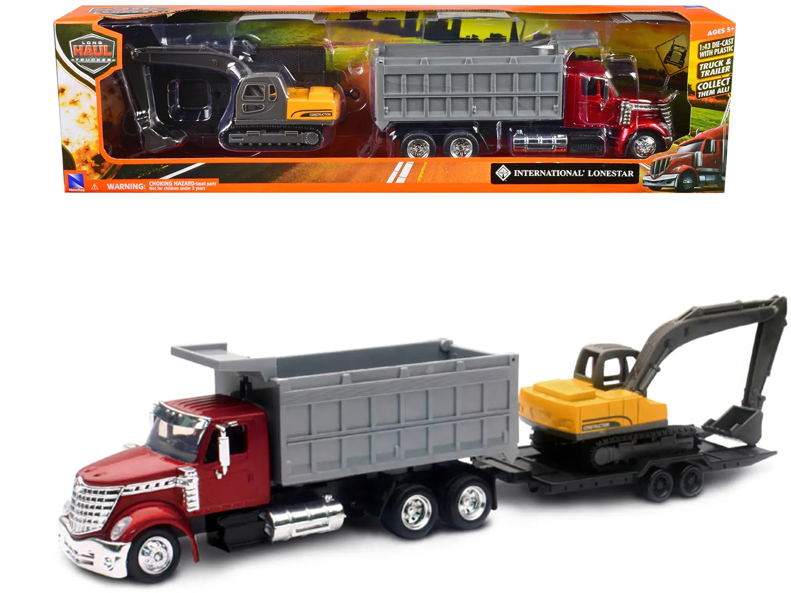 International Lonestar Dump Truck Red and Tracked Excavator Yellow w/Flatbed Trailer 1/43 Diecast Model by New Ray