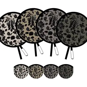 4 Pack Elegant Black Plant Foldable Hand Fans, Versatile Round Handheld Fans for Travel, Events, Indoor and Outdoor