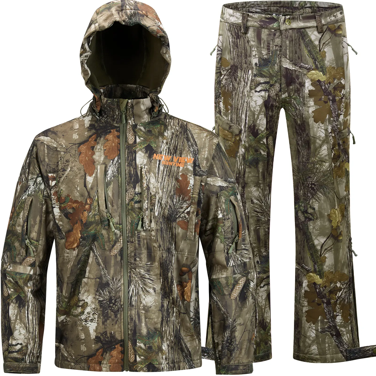 Men’s Winter 2-Piece Hunting Softshell Set - Patent Camo Ultra-Silent Fleece-Lined Jacket with Detachable Hood, Elastic Waistband Pants, Warmth, Windproof, 6 Pockets, Harness Port for Duck Hunting, XXL