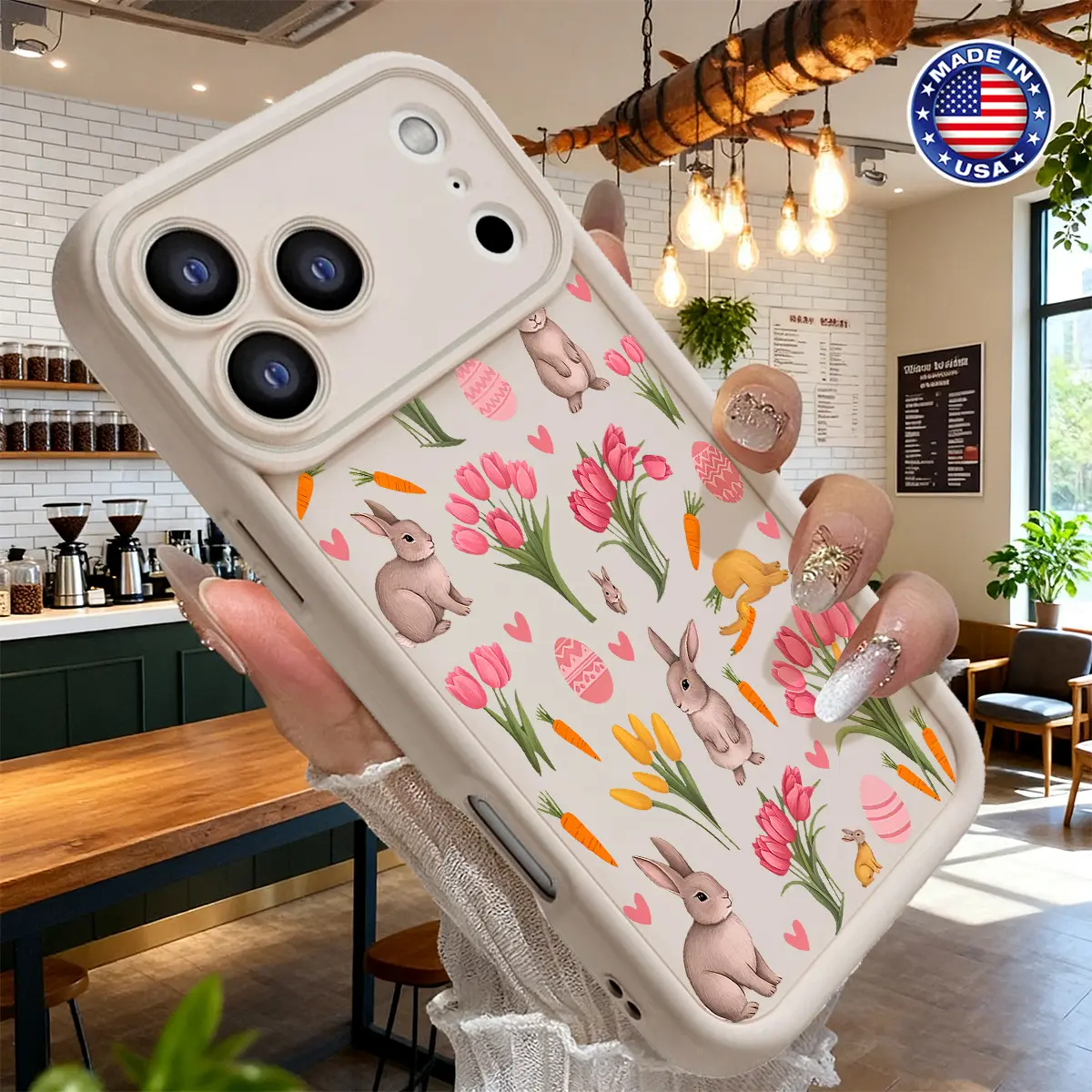 Cute Easter Bunny Tulip Pattern TPU Phone Case for iPhone 17,16,15,14 Pro Max,13,12,11,XR,XS Plus,Air - Slim,Lightweight,Shockproof,Anti-Drop,Durable Cover
