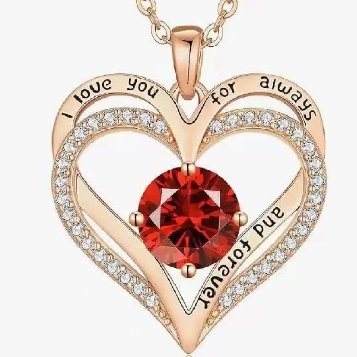 Women's "I Love You Forever" Crystal Heart Birthstone Necklace - Rose Gold Double Layer Pendant, Rose Heart Chain Jewelry, Romantic Gift for Her, Crystal Heart Necklaces, Heart Decoration Necklaces Sparkly Cubic Zirconia