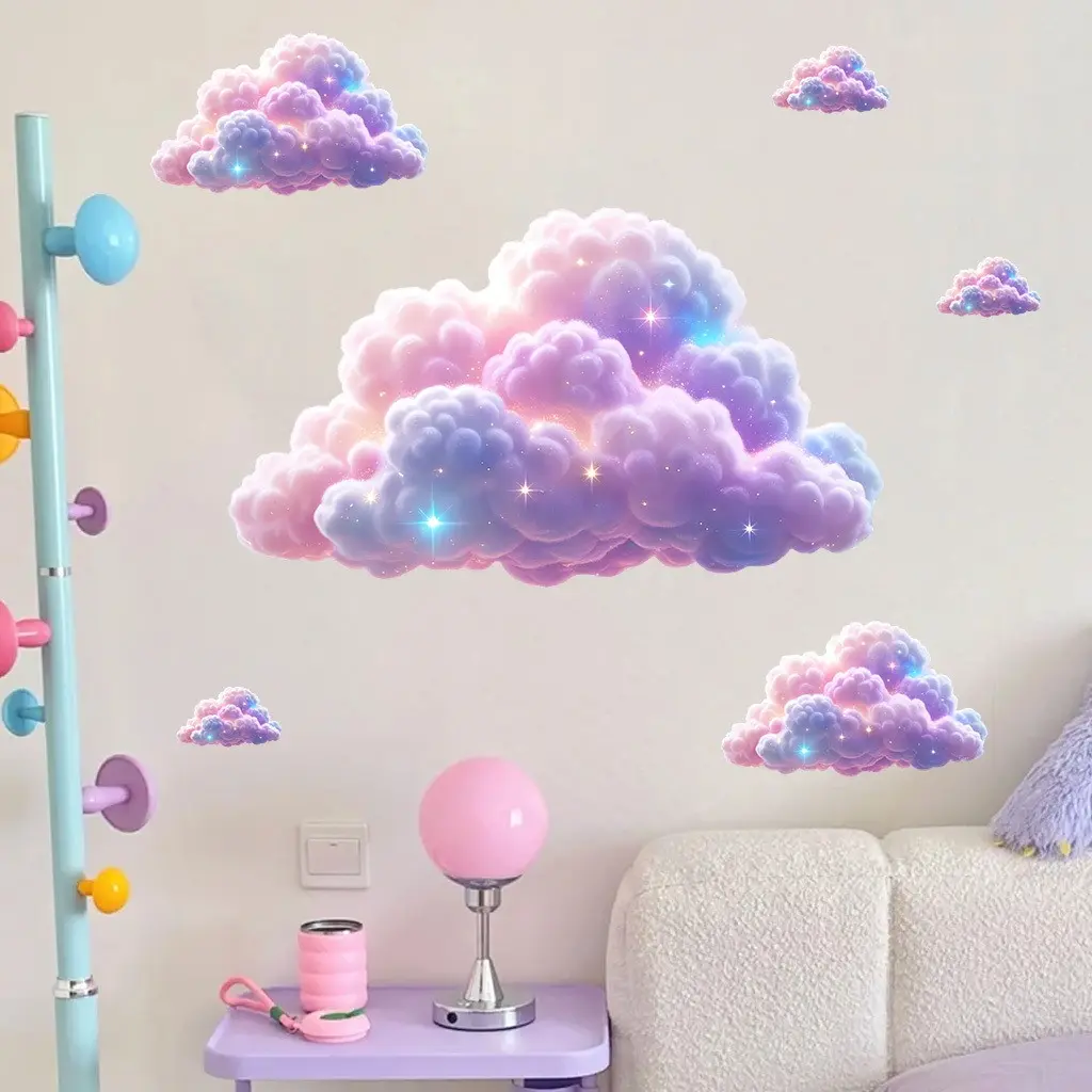 Dreamy Cloud Wall Stickers Set, Decorative Stickers, Gradient Nebula Clouds with Starlight, Vinyl Removable Home Decor Decals, Living Room Wall Decor, 2pcs