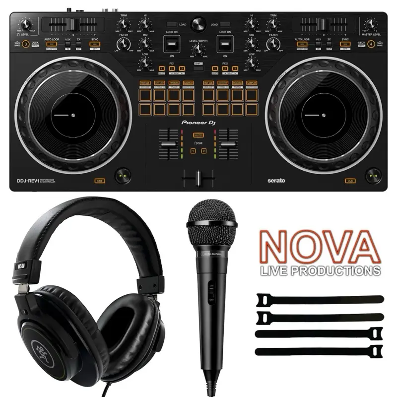 Pioneer DJ DDJ-REV1 Controller for Serato DJ Lite BUNDLE with Mackie MC100 Headphones and Audio Technica Dynamic Microphone