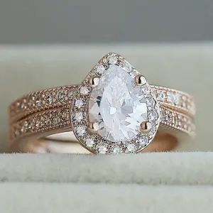 Luxury Rose Gold Bridal Ring Set – Pear-Shaped Center Stone with Full Pave Accents, Great Gift for Her for Weddings & Milestone Celebrations