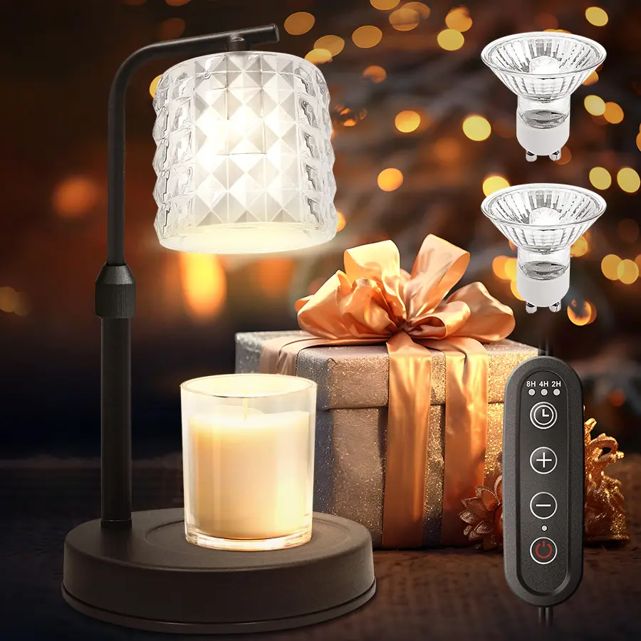 Vintage Diamond-Shaped Metal Base Candle Heater & Glass Jar Candle Holder - 24-Hour Cycle Timer, Dimming Function, Adjustable Settings, Home Decor for Kitchen, Office, Thoughtful Gift for Women Mothers