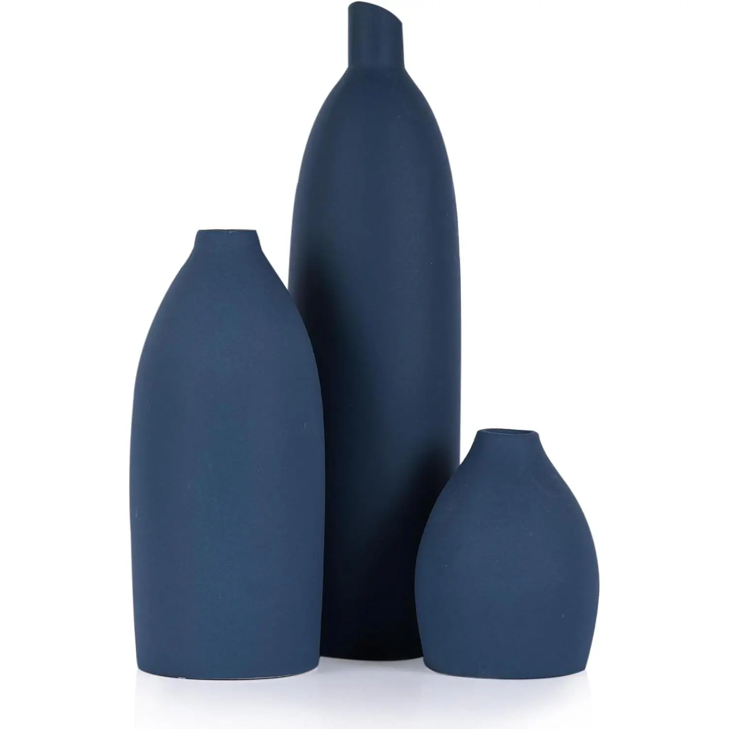 Ceramic Vase Set of 3 - Modern Coastal Rustic Home Decor Flower Vases for Living Room, Kitchen Island, Dining Table Centerpiece Decor, Office Shelf, Fireplace Mantle Decorations (Navy Blue)