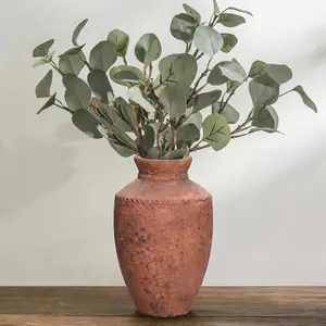 Terracotta Vase, 10 Inch Large Ceramic Flower Vases Rustic Farmhouse Pottery Vase for Home Decor Fireplace Entryway Kitchen Living Room Shelf Mantle Table Decor Brown