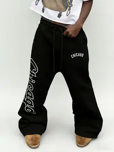 American Vintage Chicago Print Joggers — Black Straight-Leg Pants with a Worn Look, Drawstring Elastic Waist, Casual Athletic Style