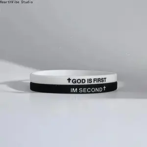 Unisex 2-Piece Christian Faith Matching Bracelets Set - "GOD IS FIRST I'M SECOND" Inspirational Fashion Jewelry, Thin Low-Profile Elastic Sports Wristbands, Religious Gift for Men, Matching Bracelet, Fashion Matching Bracelet