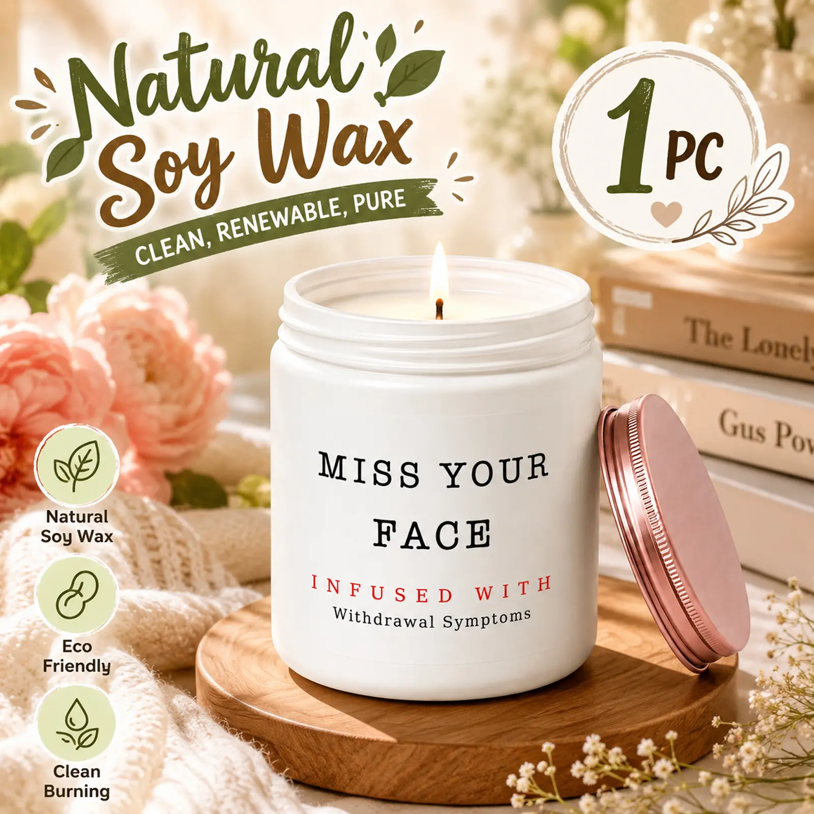 1Pc Cozy Handmade Soy Candle - Miss Your Face Scent, Natural Soy Wax, Wick-Infused, Hand-Poured Home Fragrance, Long-Distance Gift For Friends, Birthday/Christmas Thinking Of You Present