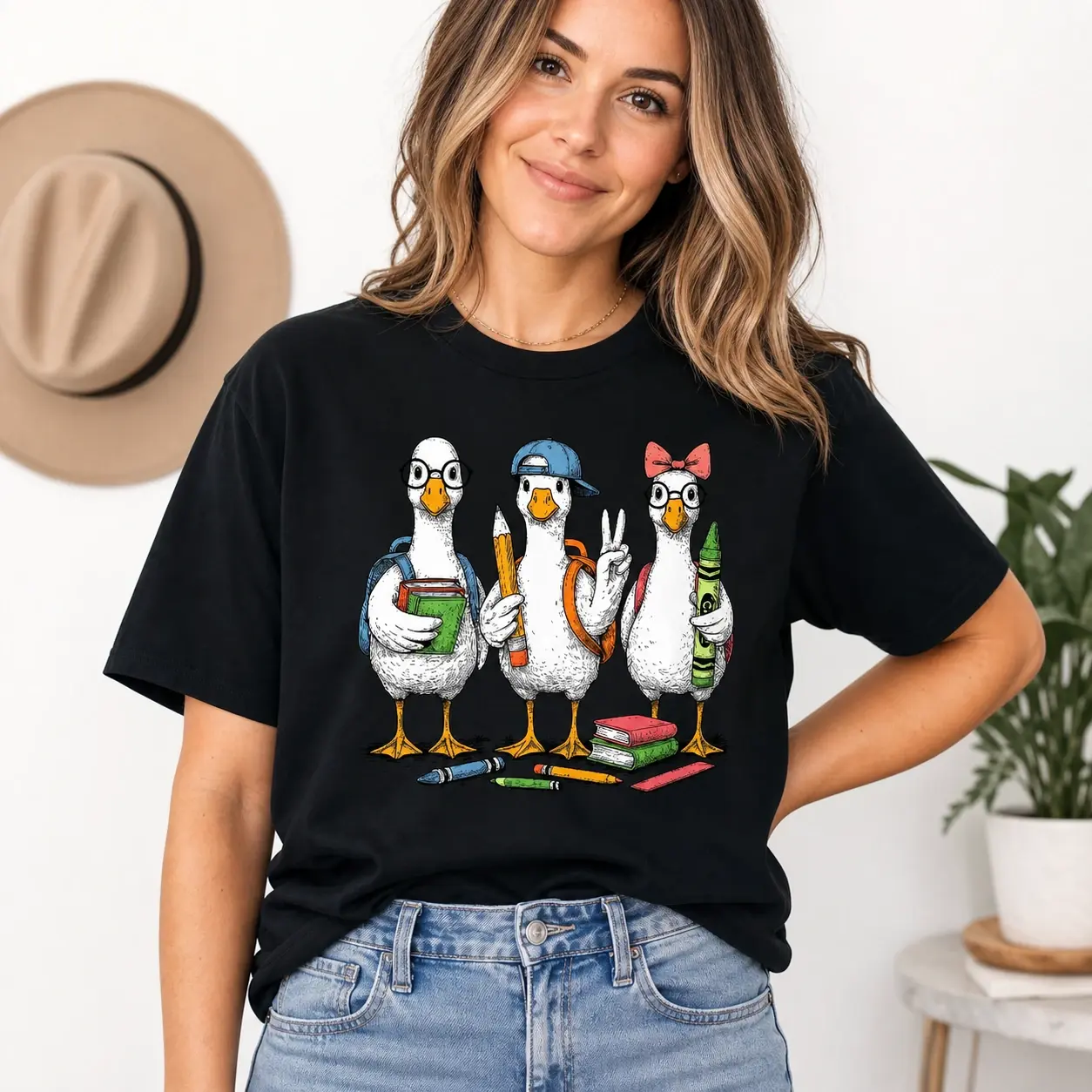 Back to School Teacher Shirt with Cute Goose Students, Books, Pencils, Crayons, Backpack Classroom T-Shirt for Elementary Teachers, School Staff, First Day of School Gift Tee