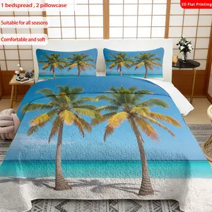 3 pcs, 2D Flat Print Tropical Beach Palm Tree Bedspread Set, Decorative Bedding Set, Soft and Comfortable, Multiple Sizes Available, Suitable for Gifting and Daily Use