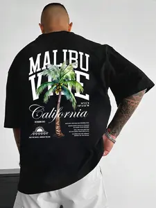 Unisex Men's Letter & Palm Tree Print Drop Shoulder Tee, Regular Fit Casual Soft Comfy Round Neck Half Sleeve T-shirt for Summer, Fashion Men's Top for Daily Wear