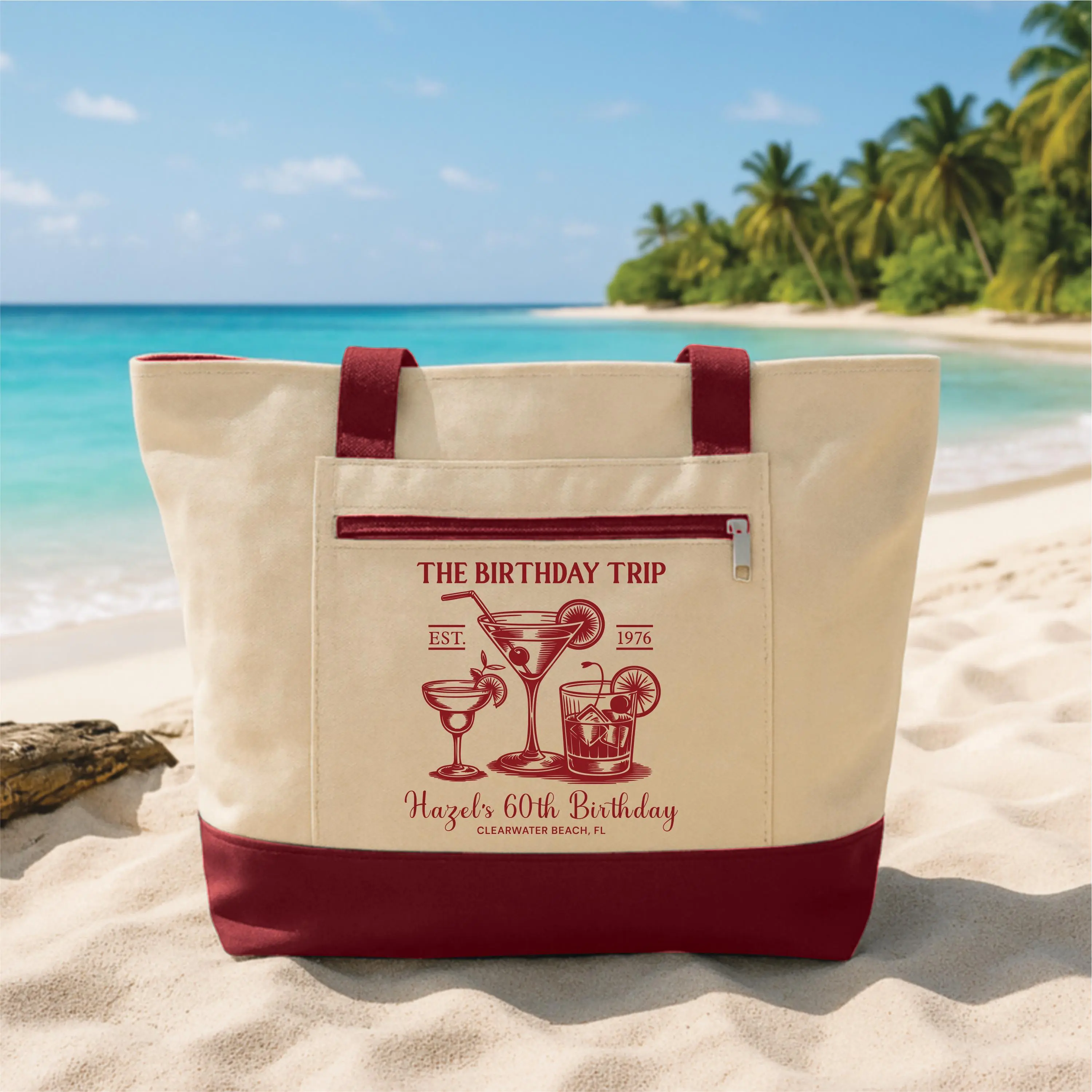 Custom Birthday Trip Tote Bag with Zipper, Personalized Beach Birthday Canvas Tote Bag, Girls Trip Party Favor, 30th 40th 50th 60th Gift
