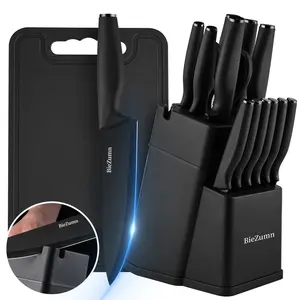 15 Piece Set Black Knives Kitchen Set - Professional Heavy-Duty German Stainless Steel Extra Sharp V-Blade with Block, Sharpener, Santoku, Fruit, Steak Knives, Scissors, Dishwasher Safe, Ideal Christmas Gift