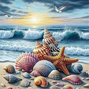 New DIY 5D Diamond Painting Kit, Seashell & Starfish Beach Theme, Full Drill Mosaic Art, Home Wall Decor Gift, Small Size