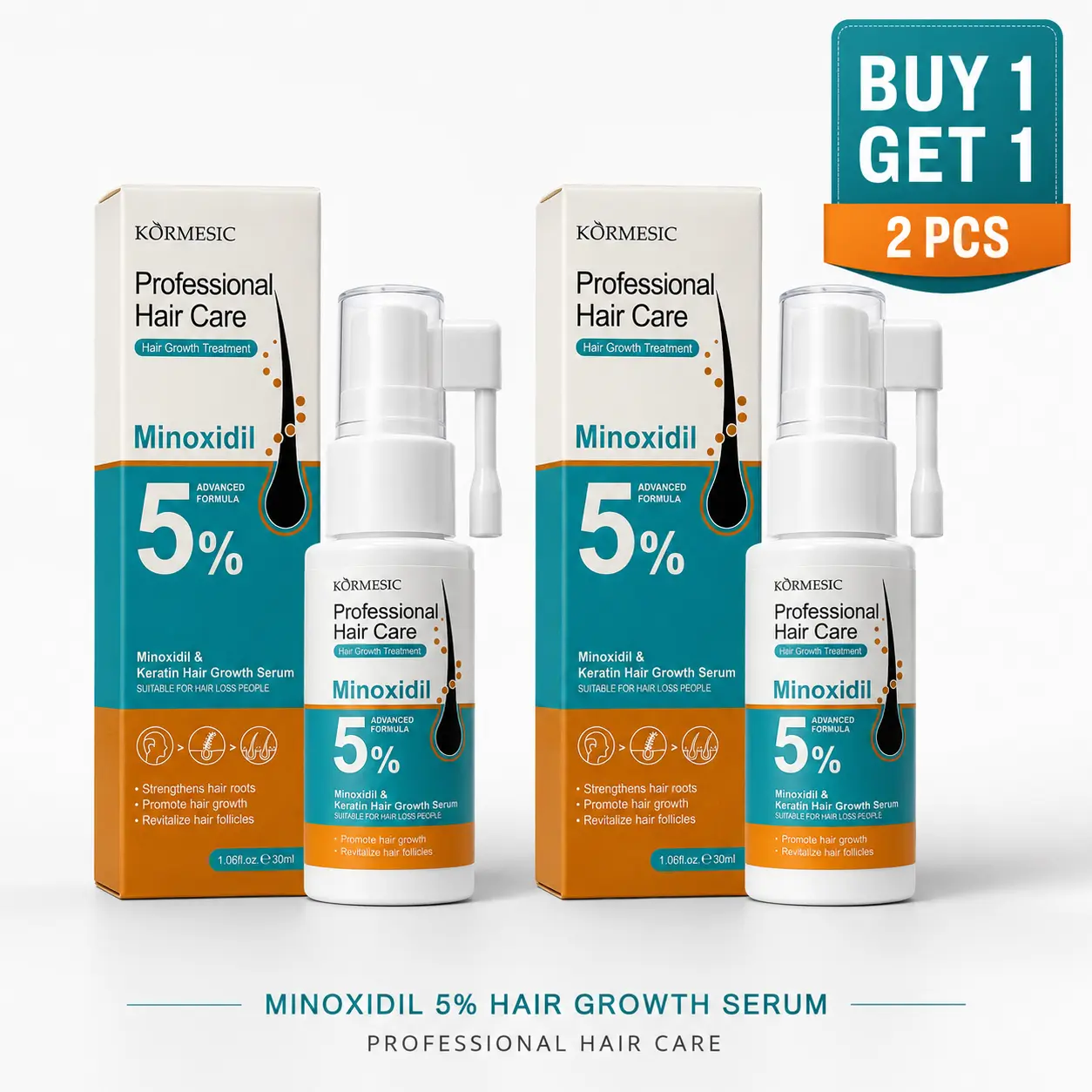 [BUY 1 GET 1 FREE\] Kormesic 5% Minoxidil Scalp Massage Spray Infused with Rosemary & Biotin, Gentle Non-Irritating Scalp Nourisher to Strengthen Hair Roots & Boost Fuller Hair, Portable Travel Size Hair Care Spray for Men & Women
