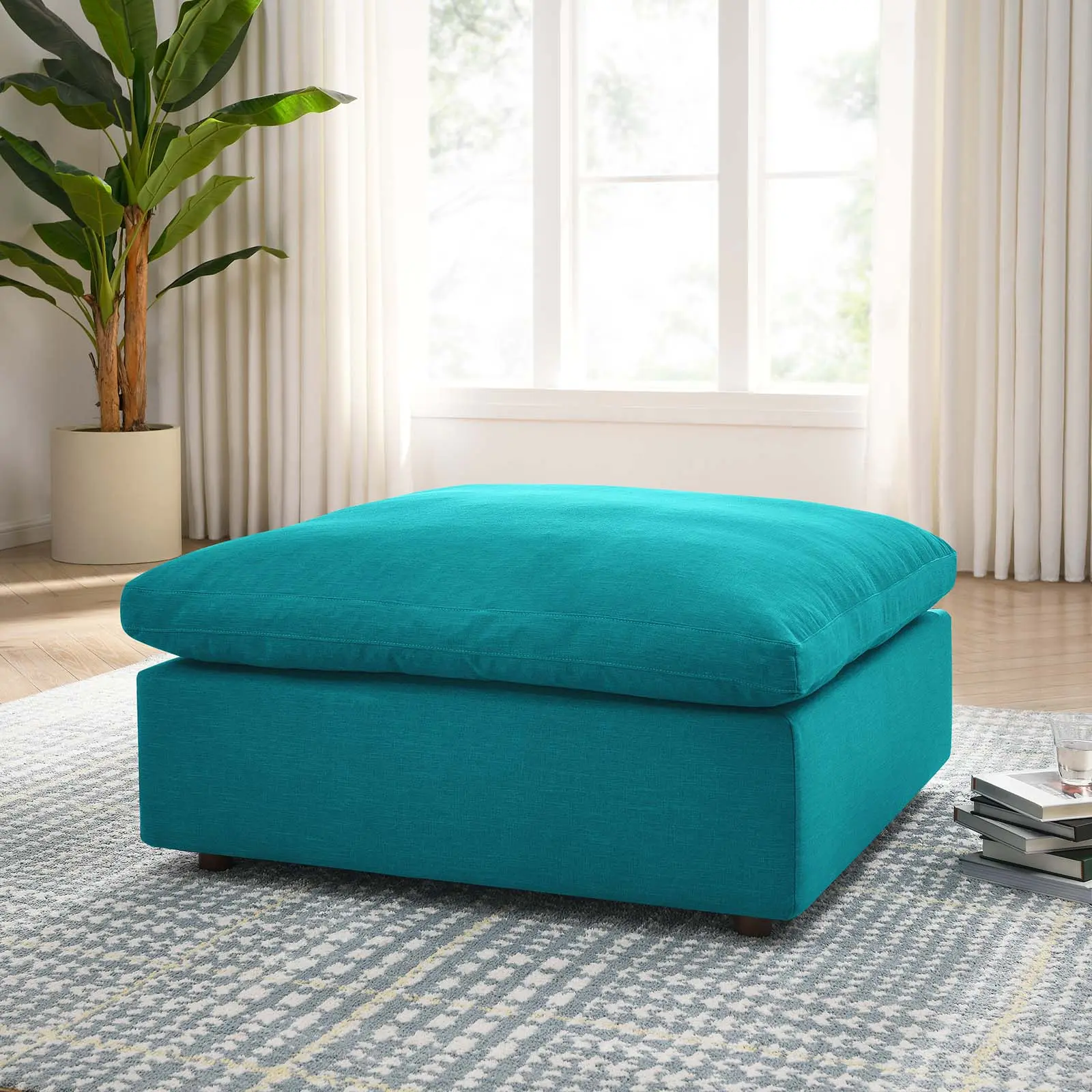 Modway Commix Comfy Down-Filled Overstuffed Ottoman, Teal Indoor Furniture for Living Room with Foam Interior, Modern