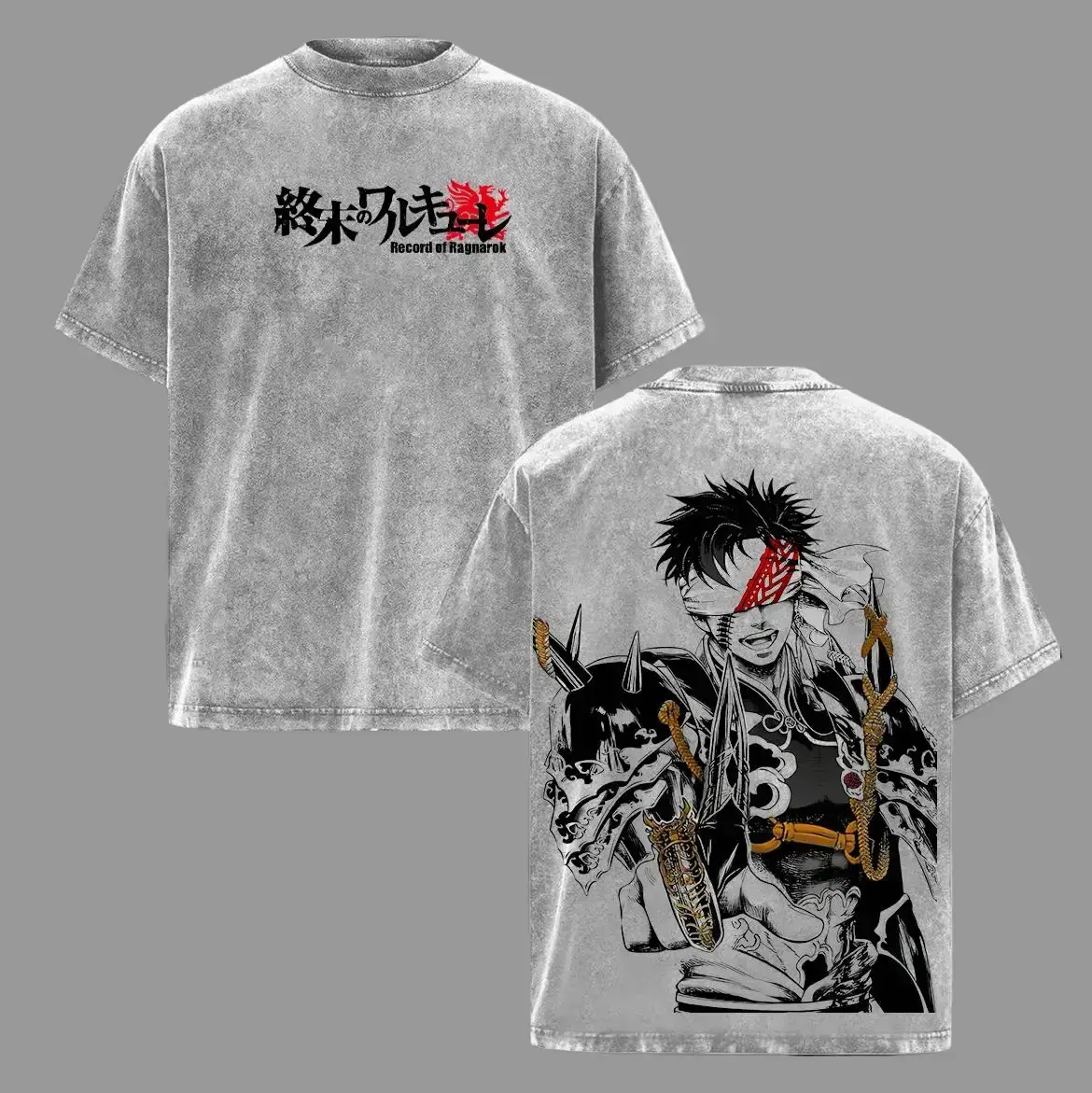 Men's Vintage Washed Record of Ragnarok Double-Sided Short-Sleeve Top, Qin Shi Huang Shuumatsu no Valkyrie Manga Sketch Gray Acid Wash, Baggy Loose Anime Casual Streetwear T-Shirt, Shortsleeve, Menswear, Soft, Stylish, Pre-Washed, Relaxed Fit, Graphic, Ov