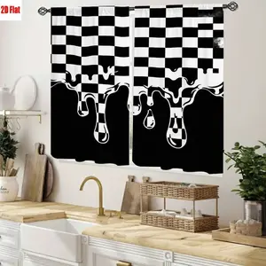 2D Flat 2Pcs Checkered Drip Curtains with Black and White Chessboard Pattern, Modern Punk Style, High Definition Digital Printing, Decorative Drapes for Living Room Bedroom Study Home Decor