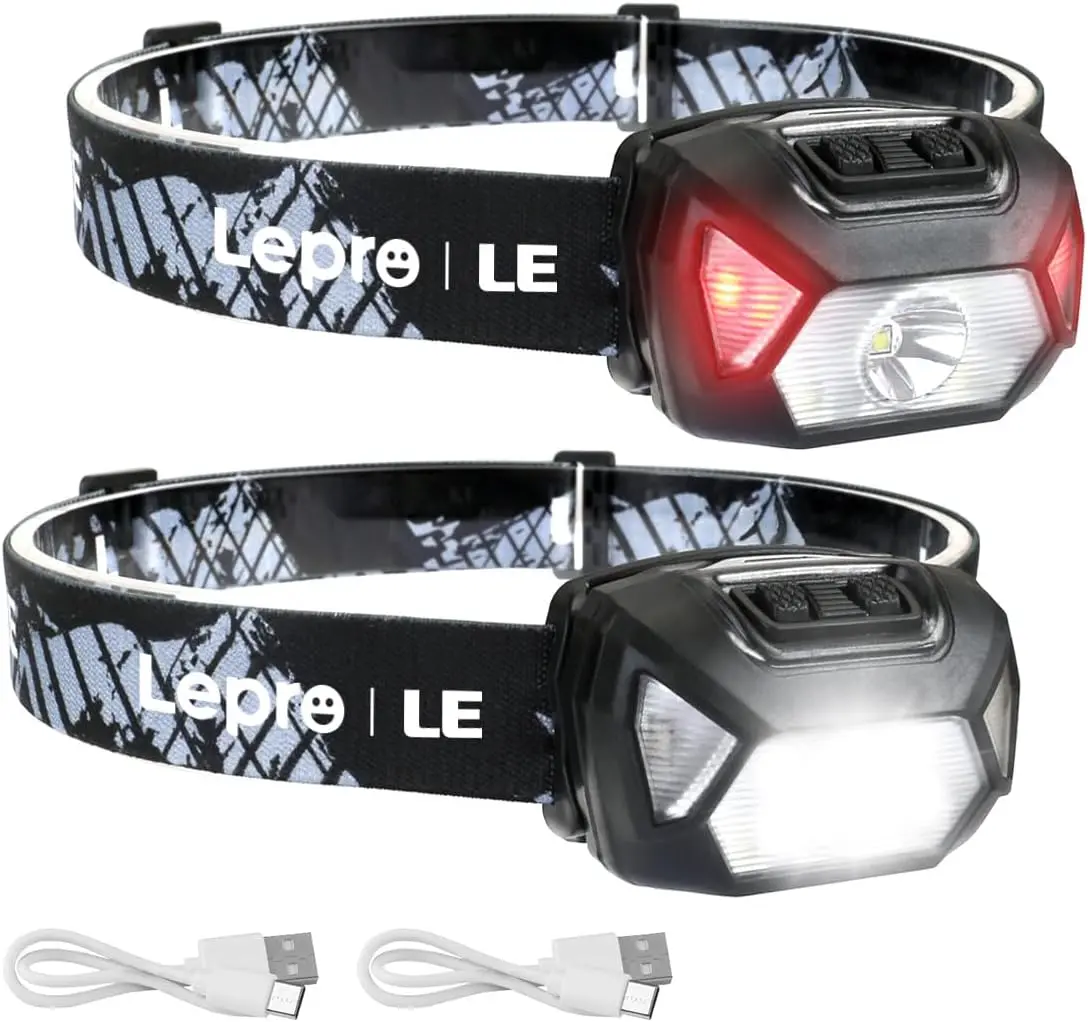 Rechargeable LED Headlamp - Super Bright Flood LED Lights Flashlight, 6-Mode, IPX4 Waterproof High Lumen, Lightweight Comfortable Adjustable Headband, Included USB Cable, Outdoor Gadgets for Camping, Emergency Use