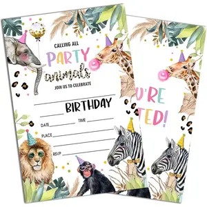 Safari Style Fill-In Birthday Invites 4"x6, Jungle Animals Birthday Invitations with Envelopes 20-Pack, Birthday Party Supplies for Boys & Girls, Teen Kids