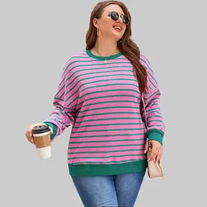 Dear-Lover Women's 3XL Plus Size Chic Striped Pink Waffle Knit Crew Neck Long-Sleeve Comfortable Clothes, Relaxed Fit Elastic Fabric Stylish Knitwear Top