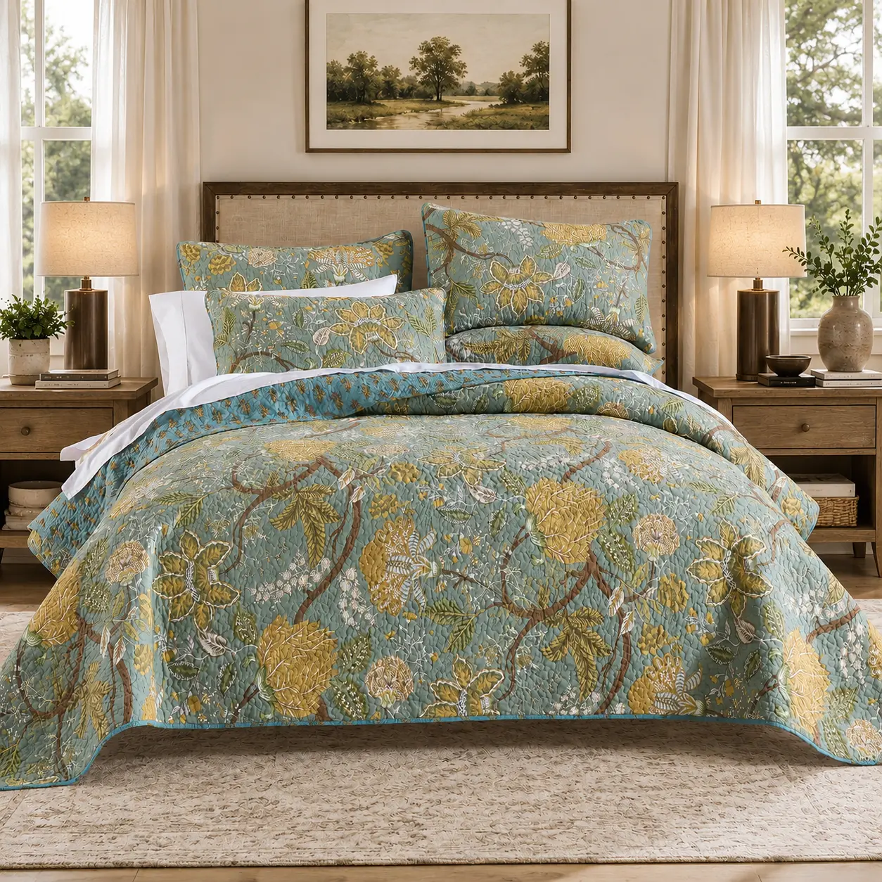 Cotton Bedspread Quilt Sets Reversible Bedding Coverlet Sets Comforter, Vintage Floral Farmhouse Pastoral Turquoise Bedspread, Queen Size