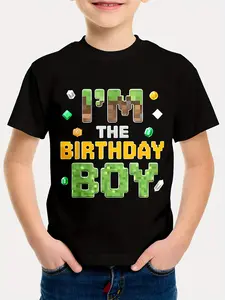 Cotton Slogan Kids' Birthday Boy T-Shirt, Pixel Game Block Graphic Tee, Gaming-Style Outfit for Toddler Boys