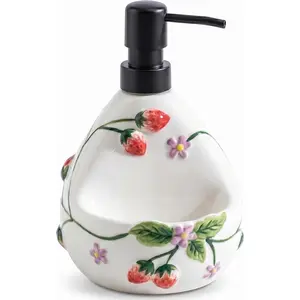 Dish Soap Dispenser with Sponge Holder 20oz, 2-in-1 Large Ceramic Liquid Pump & Caddy Combo, Strawberry Hand Soap Dispenser w/Ring Holder, Cute Cottagecore Home Decor for Kitchen & Bathroom