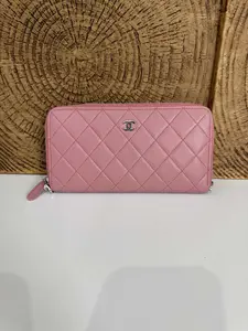 Pre-owned CHANEL Long Wallet in Soft Pink Quilted Leather Featuring Iconic Diamond Stitching, Silver Tone CC Hardware & Secure Zip Closure