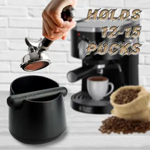 Compact Black Coffee Knock Box with Detachable Knock Bar Anti-Slip Durable ABS Coffee Grounds Bin for Home Use Holds 12-15 Pucks Storage Bucket