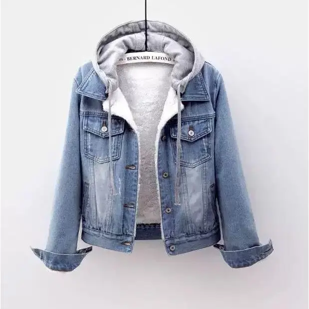 Loose women’s denim short jacket, Korean-style long-sleeve hooded jacket with large pockets for spring and autumn Loose women’s denim short jacket, Korean-style long-sleeve hooded jacket with large pockets for spring and autumn