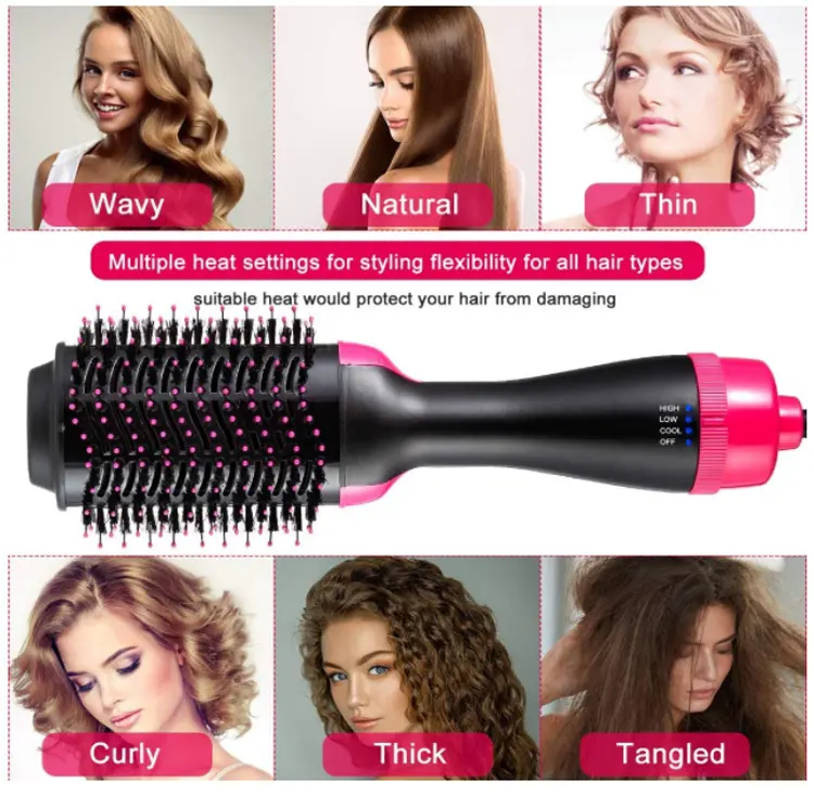 4 in 1 Negative Ion Hair Brush Dryer Curler Straightener Hot Air Styler Frizz-Free Blowouts Multi Function Styling Tool All Hair Types Fast Drying 3 Heat Settings