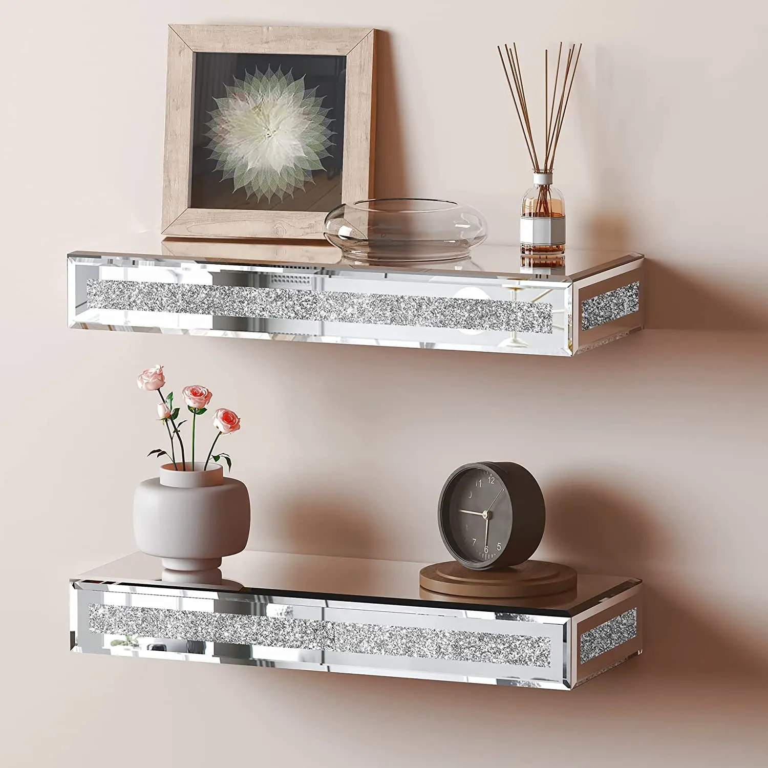 SHYFOY Mirrored Floating Shelves for Wall Decor,Glitter Glass Wall Mounted Shelves for Bedroom,Living Room,Office and More, Set of 2, Silver Shelf