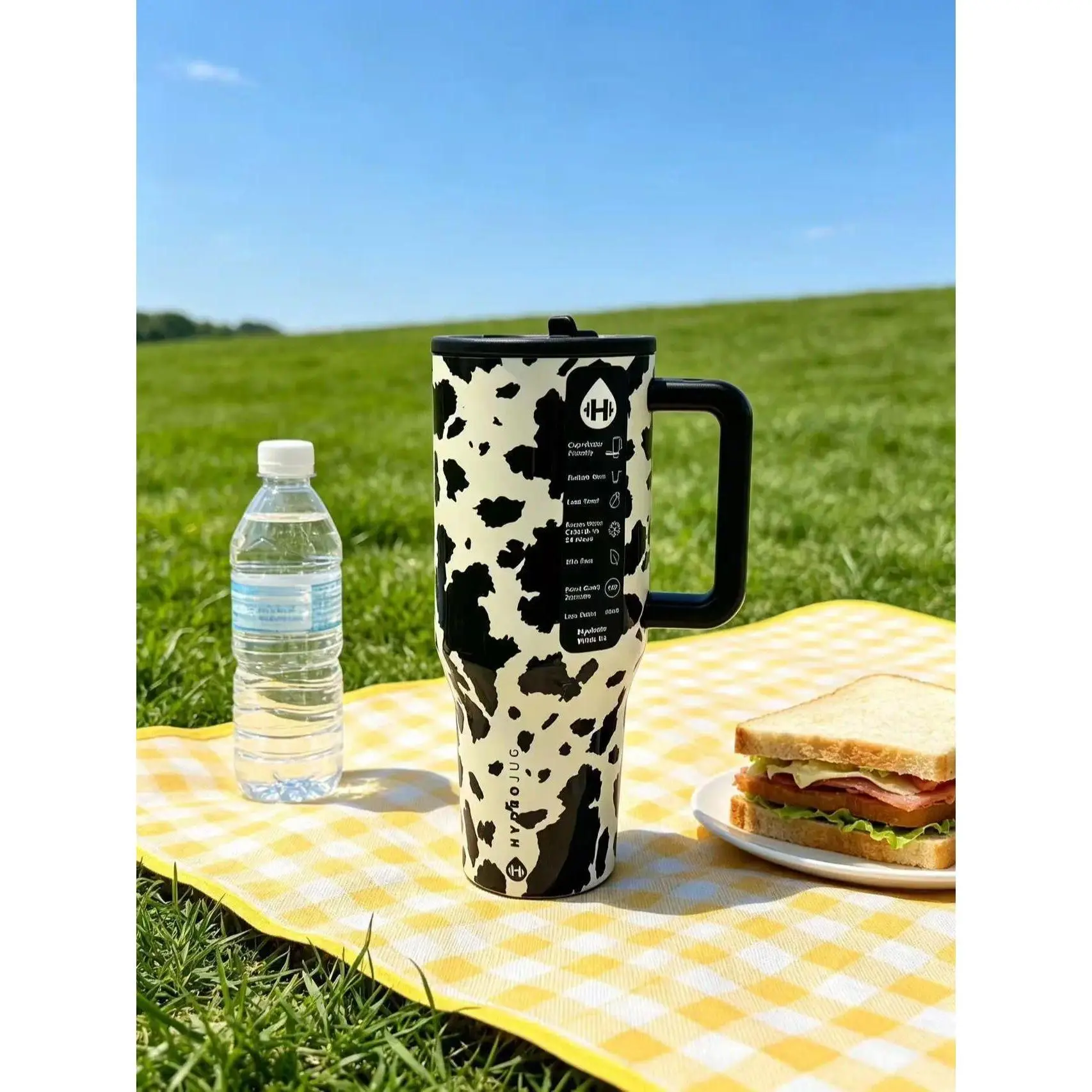 HydroJug 40oz Printed Stainless Steel Insulated Travel Mug with Handle+Straw, Portable BPA-Free Cupholder-Friendly Double Wall Vacuum Tumbler for Hot & Cold Drinks, Western Cow Print Design (for Travel Use)