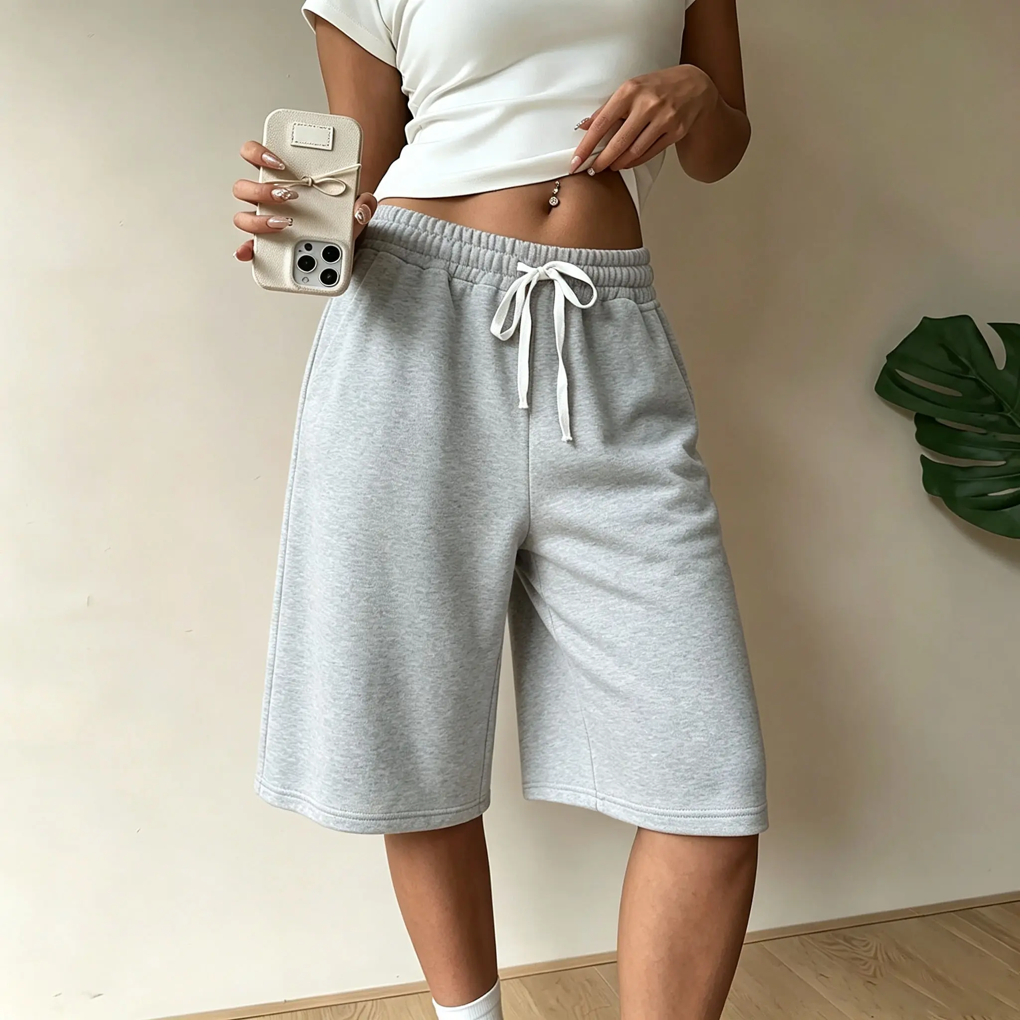 Women's New Spring/Summer Solid Plain Athleisure Shorts - 6-7/10 Length, Pockets, Suitable for Sports, Fitness, Yoga