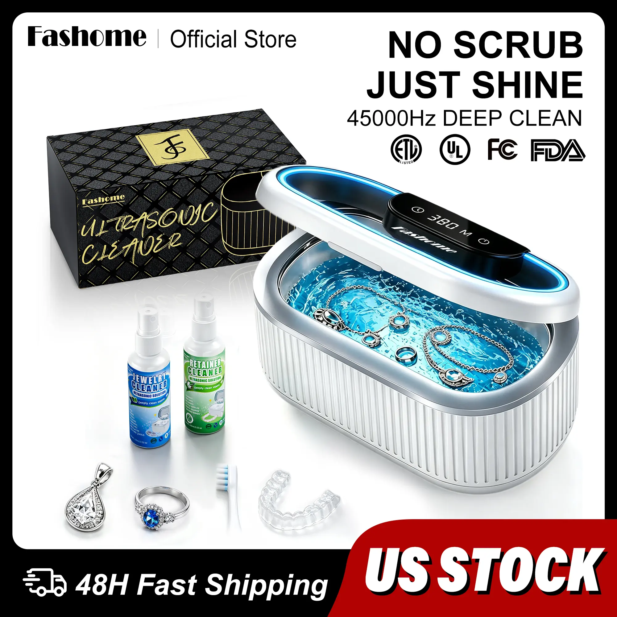 Fashome 45000Hz Ultrasonic Cleaner - 3 Modes, 20oz 304 Stainless Steel Tank, 2-Pack Cleaning Solution for Mom, Bestie, Daughter; Includes Basket & Tweezers for Jewelry, Dentures, Eyeglasses