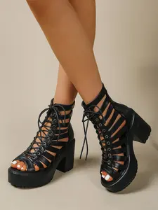 Women's 10CM Comfortable Casual Chunky Heel Platform Gladiator Sandals | Gothic Y2K Punk Dark Style | PU Leather, Lace Up, Back Zipper, Cutout Straps, Peep Toe, Non-Slip Sole | For Rave, Festival, Cosplay, Club, Streetwear