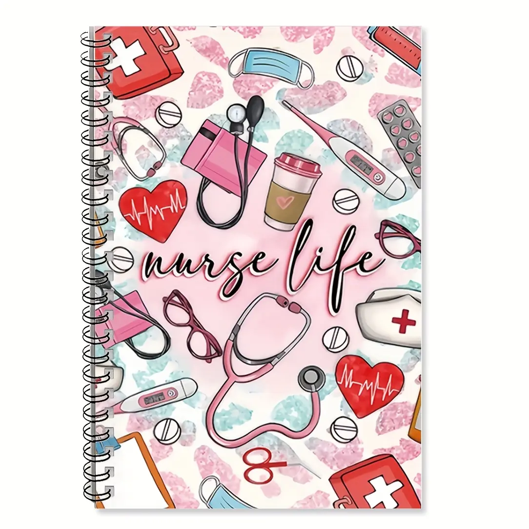 1-Piece Pink Nurse Life Spiral Notebook Journal Diary - 100 pages, medically themed design with stethoscope and heartbeat line, for school nurses, Nursing students, nurse work accessories, Writing Notebook, Stationery Office Supplies