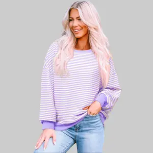 Dear-Lover Women's Striped Round Neck Drop Shoulder Long Sleeves Comfortable Loose Casual Print Sweatshirt Top - 1-Piece Pullover with Flattering Fit for Everyday Casual Wear