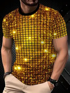 Men's Gold Plaid Sequins Short Sleeve T-Shirt, Fashion Trendy Nightclub Performance Clothing, Casual Fitted Long Top Without Collar