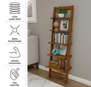 Leaning Ladder Shelf for 5-Tier Bookshelf - Cherry, Ideal for Display