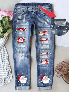 Women's Christmas Print Denim Embroidery Jeans Christmas Party outfit Casual Fitted Style Elastic Waistband Comfortable Breathable Fabric Perfect Fit Long Pants
