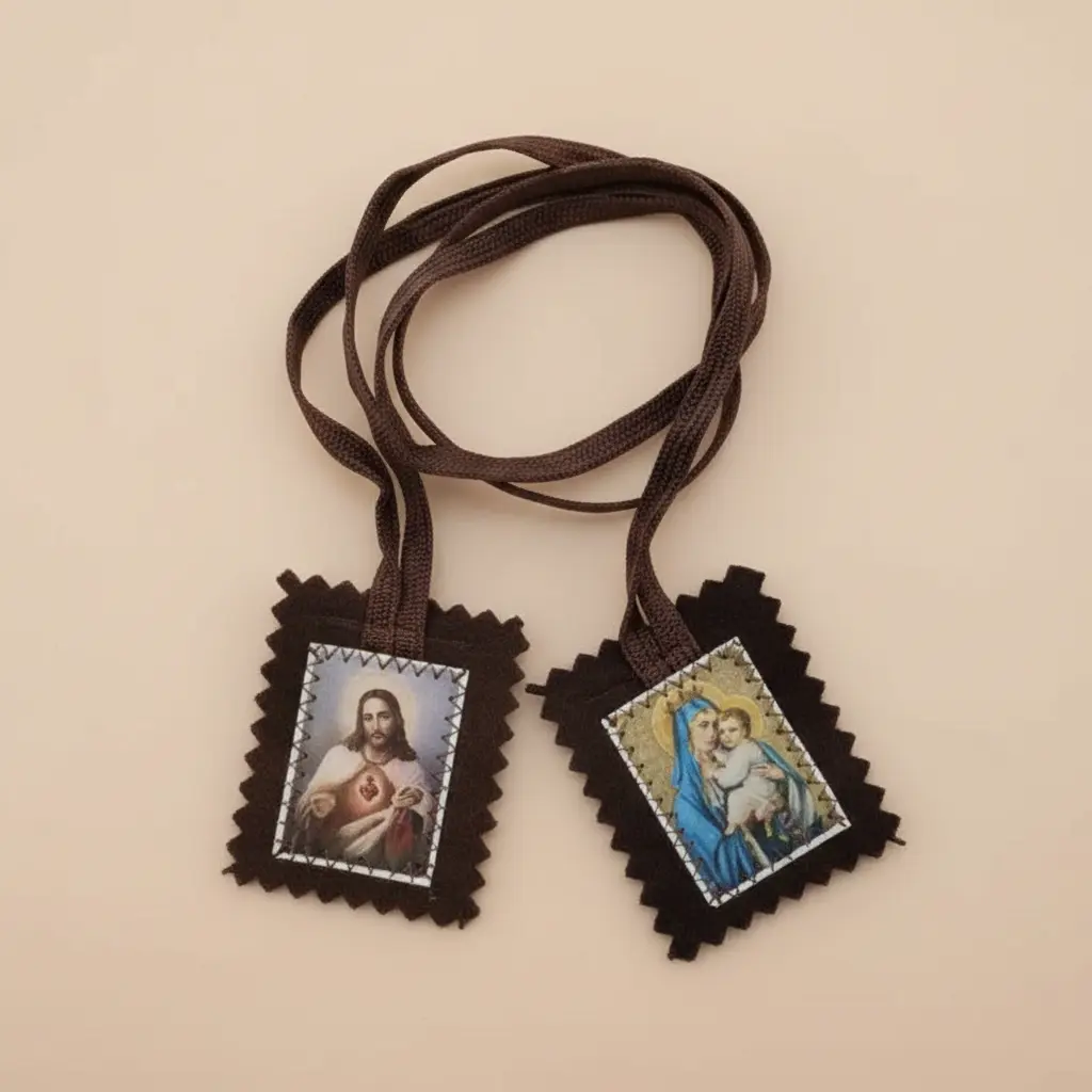 Brown Wool Fabric Religious Scapulars - Traditional Our Lady of Mount Carmel Religious Collectibles, Dual Images, Dual Spiritual Protection Tangible Reminder of Faith Home Decor Supply